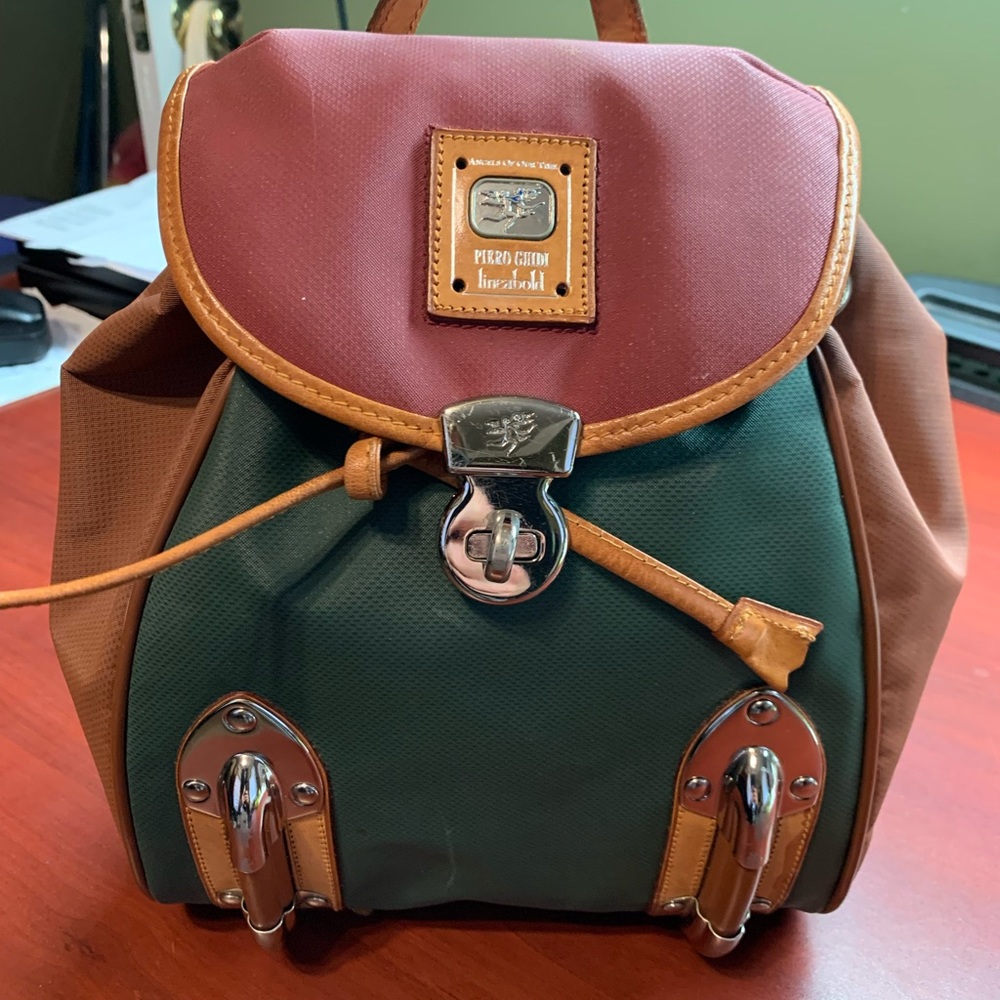 Piero Guidi Lineabold vintage Backpack red,green and tan leather w/metal accents